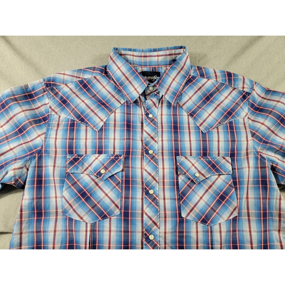Wrangler Shirt‎ Mens Large S/S Pearl Snap Blue Red Plaid, Western Casual